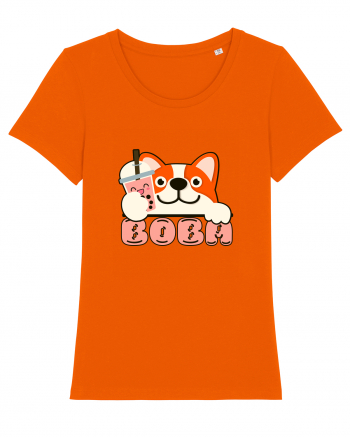 Kawaii Corgi Drinking Boba Tea Bright Orange