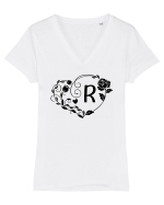 Litera R - negru Tricou mânecă scurtă guler V Damă Evoker