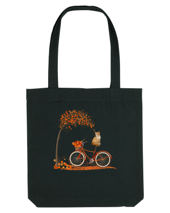 Retro Bicycle Cat Autumn Leaves Fall Thanksgiving Black