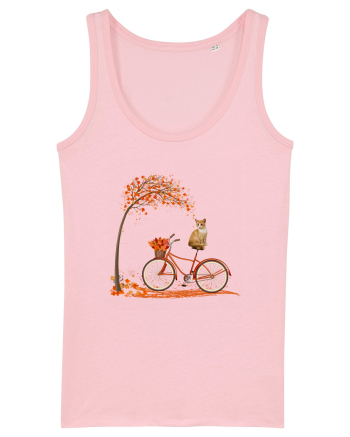 Retro Bicycle Cat Autumn Leaves Fall Thanksgiving Cotton Pink