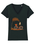 Retro Bicycle Cat Autumn Leaves Fall Thanksgiving Tricou mânecă scurtă guler V Damă Evoker