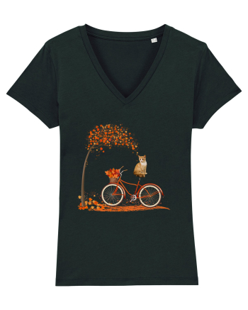 Retro Bicycle Cat Autumn Leaves Fall Thanksgiving Black