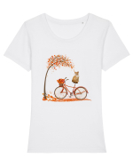 Retro Bicycle Cat Autumn Leaves Fall Thanksgiving Tricou mânecă scurtă guler larg fitted Damă Expresser