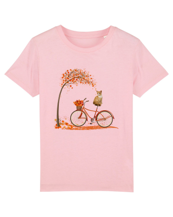 Retro Bicycle Cat Autumn Leaves Fall Thanksgiving Cotton Pink