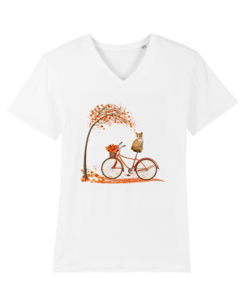 Retro Bicycle Cat Autumn Leaves Fall Thanksgiving White