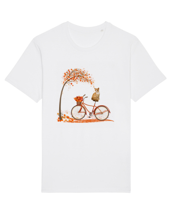 Retro Bicycle Cat Autumn Leaves Fall Thanksgiving White