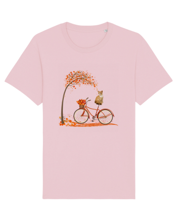 Retro Bicycle Cat Autumn Leaves Fall Thanksgiving Cotton Pink