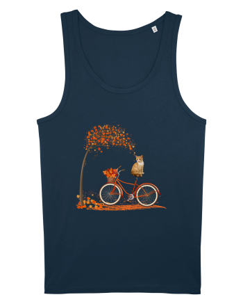 Retro Bicycle Cat Autumn Leaves Fall Thanksgiving Navy