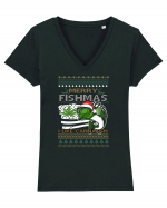 Merry Fishmas I Like Cannafish Tricou mânecă scurtă guler V Damă Evoker