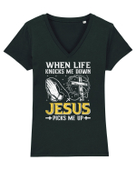 When life knocks me down Jesus picks me up Tricou mânecă scurtă guler V Damă Evoker