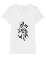 Fluturi și flori Tricou mânecă scurtă guler V Damă Evoker
