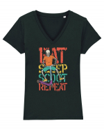 Eat Sleep Scoot Repeat Tricou mânecă scurtă guler V Damă Evoker