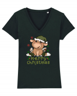 Vacă drăguță Merry Christmas HO HO HO Tricou mânecă scurtă guler V Damă Evoker