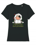 Vacă drăguță Merry Christmas HO HO HO Tricou mânecă scurtă guler larg fitted Damă Expresser