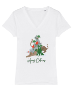 Merry Catmas Green Tricou mânecă scurtă guler V Damă Evoker