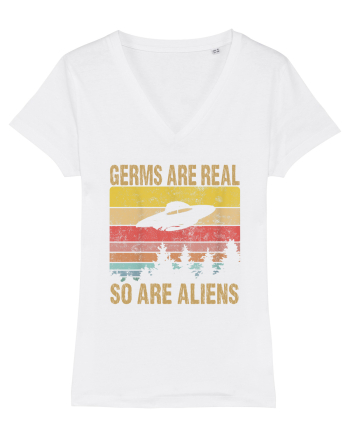 Germs Are Real So Are Aliens Retro Distressed Sunset Alien UFO White