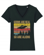Germs Are Real So Are Aliens Retro Distressed Sunset Alien UFO Tricou mânecă scurtă guler V Damă Evoker