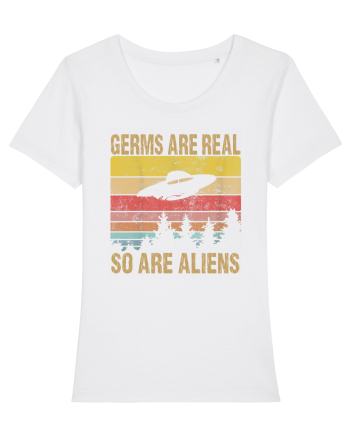 Germs Are Real So Are Aliens Retro Distressed Sunset Alien UFO White