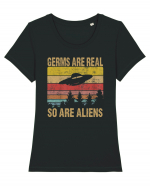 Germs Are Real So Are Aliens Retro Distressed Sunset Alien UFO Tricou mânecă scurtă guler larg fitted Damă Expresser