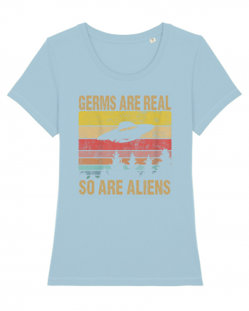 Germs Are Real So Are Aliens Retro Distressed Sunset Alien UFO Sky Blue