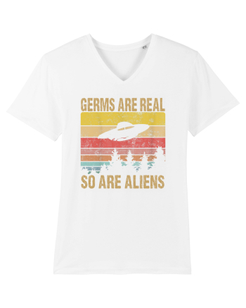 Germs Are Real So Are Aliens Retro Distressed Sunset Alien UFO White