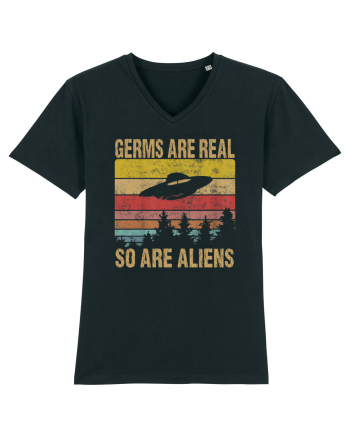 Germs Are Real So Are Aliens Retro Distressed Sunset Alien UFO Black