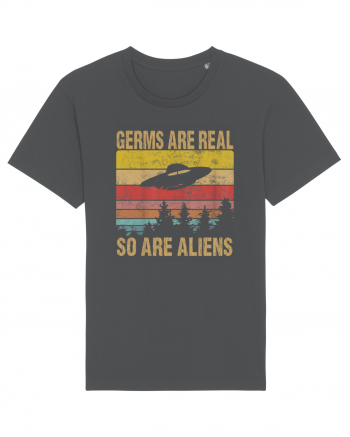 Germs Are Real So Are Aliens Retro Distressed Sunset Alien UFO Anthracite