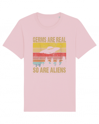 Germs Are Real So Are Aliens Retro Distressed Sunset Alien UFO Cotton Pink