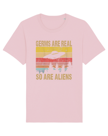 Germs Are Real So Are Aliens Retro Distressed Sunset Alien UFO Cotton Pink