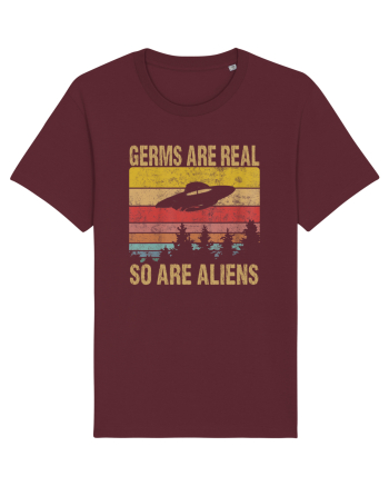Germs Are Real So Are Aliens Retro Distressed Sunset Alien UFO Burgundy