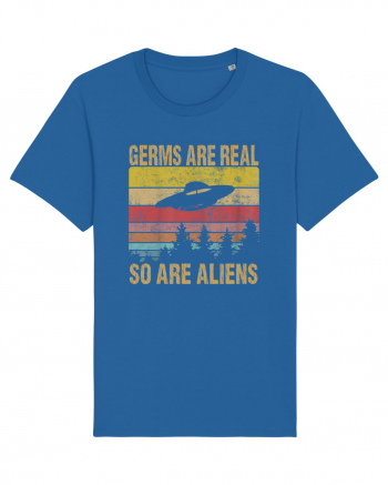 Germs Are Real So Are Aliens Retro Distressed Sunset Alien UFO Royal Blue