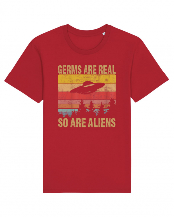 Germs Are Real So Are Aliens Retro Distressed Sunset Alien UFO Red