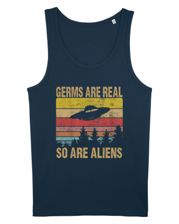 Germs Are Real So Are Aliens Retro Distressed Sunset Alien UFO Navy