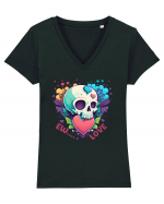 Ew Love Heart Valentine Skull Tricou mânecă scurtă guler V Damă Evoker