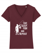 Eat sleep fish repeat Tricou mânecă scurtă guler V Damă Evoker