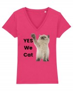 Yes We Cat, Pisica British Shorthair alba Tricou mânecă scurtă guler V Damă Evoker