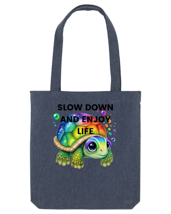 Broasca testoasa pictata in acuarela cu mesajul  Slow Down and Enjoy Life Midnight Blue
