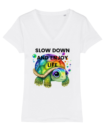 Broasca testoasa pictata in acuarela cu mesajul  Slow Down and Enjoy Life White