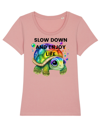 Broasca testoasa pictata in acuarela cu mesajul  Slow Down and Enjoy Life Canyon Pink