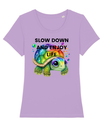 Broasca testoasa pictata in acuarela cu mesajul  Slow Down and Enjoy Life Lavender Dawn