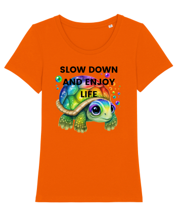 Broasca testoasa pictata in acuarela cu mesajul  Slow Down and Enjoy Life Bright Orange