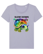 Broasca testoasa pictata in acuarela cu mesajul  Slow Down and Enjoy Life Tricou mânecă scurtă guler larg fitted Damă Expresser