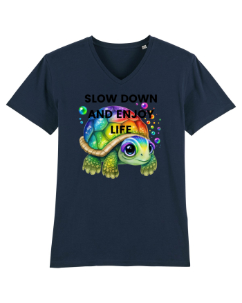 Broasca testoasa pictata in acuarela cu mesajul  Slow Down and Enjoy Life French Navy