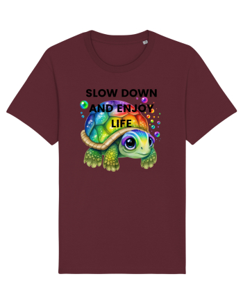 Broasca testoasa pictata in acuarela cu mesajul  Slow Down and Enjoy Life Burgundy