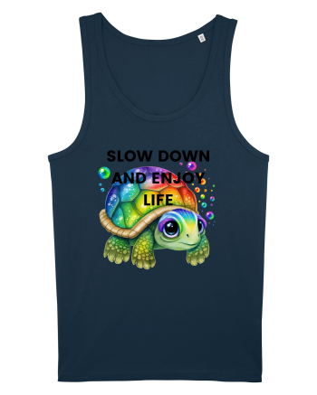 Broasca testoasa pictata in acuarela cu mesajul  Slow Down and Enjoy Life Navy