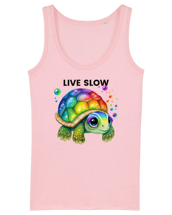 Broasca testoasa pictata in acuarela cu mesajul Live Slow Cotton Pink