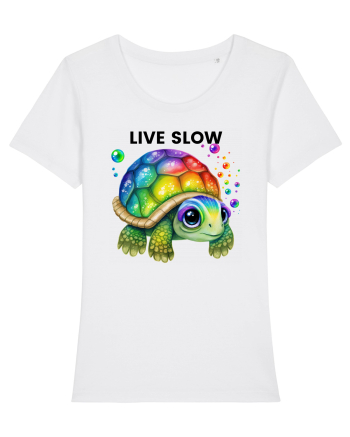 Broasca testoasa pictata in acuarela cu mesajul Live Slow White