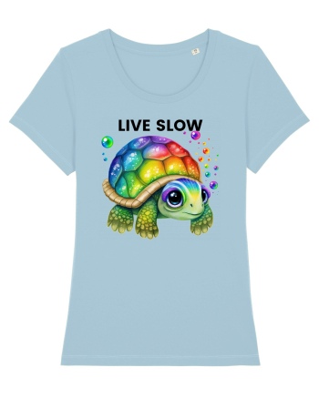Broasca testoasa pictata in acuarela cu mesajul Live Slow Sky Blue
