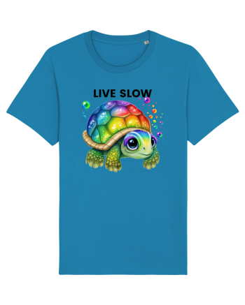 Broasca testoasa pictata in acuarela cu mesajul Live Slow Azur