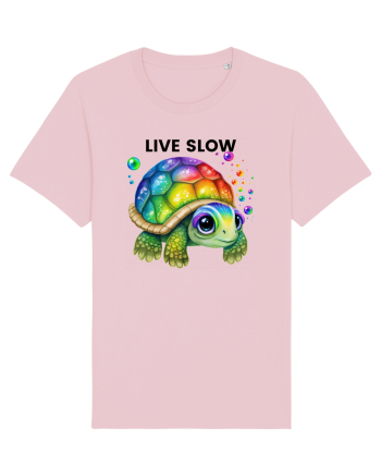 Broasca testoasa pictata in acuarela cu mesajul Live Slow Cotton Pink